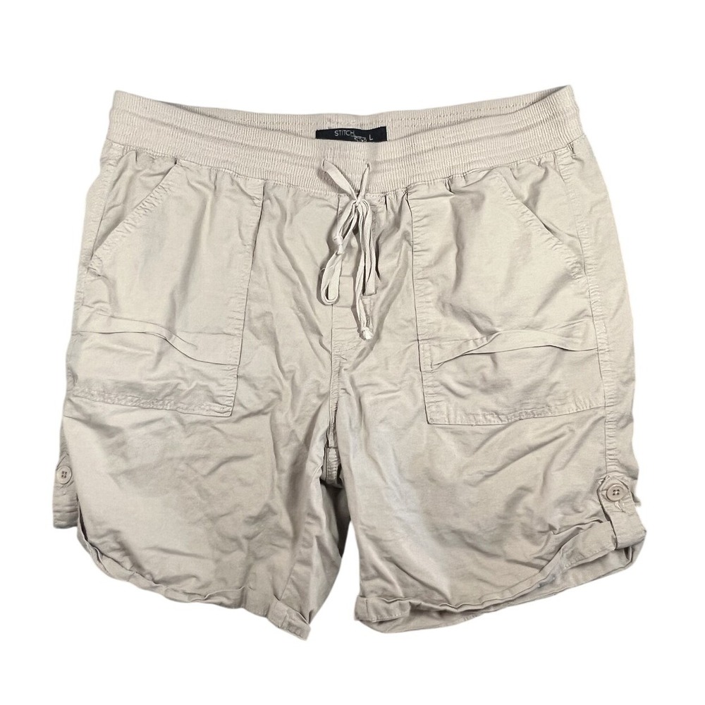 STITCH STAR Women's Khaki Cotton Blend Cargo Utility Shorts Size L Drawstring
